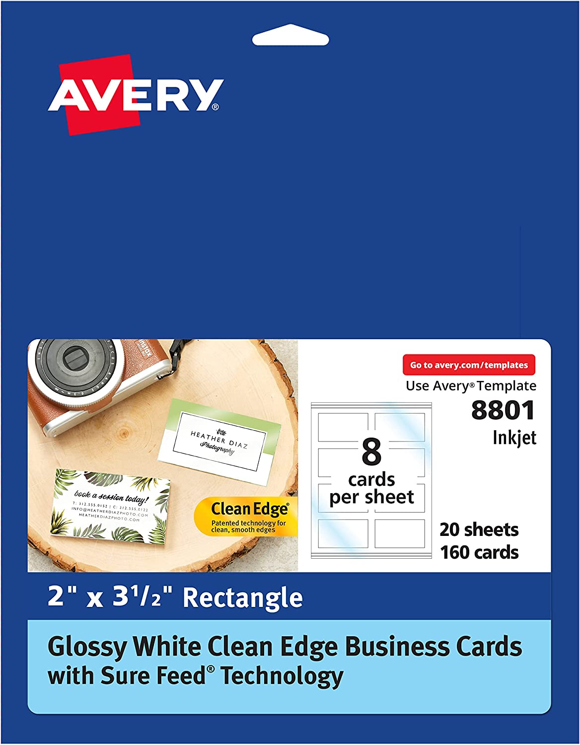 230816082906902_1 Avery Clean Edge Printable Business Cards with Sure Feed Technology, 2" x 3.5", Glossy White, 200 Blank Cards for Inkjet Printers (8859) - Image 1